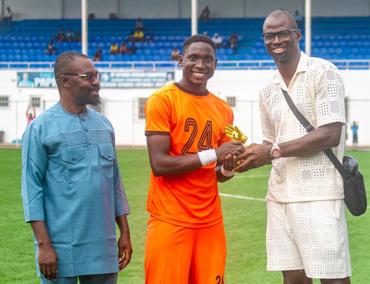 Best Goalkeeper award presented on the pitch