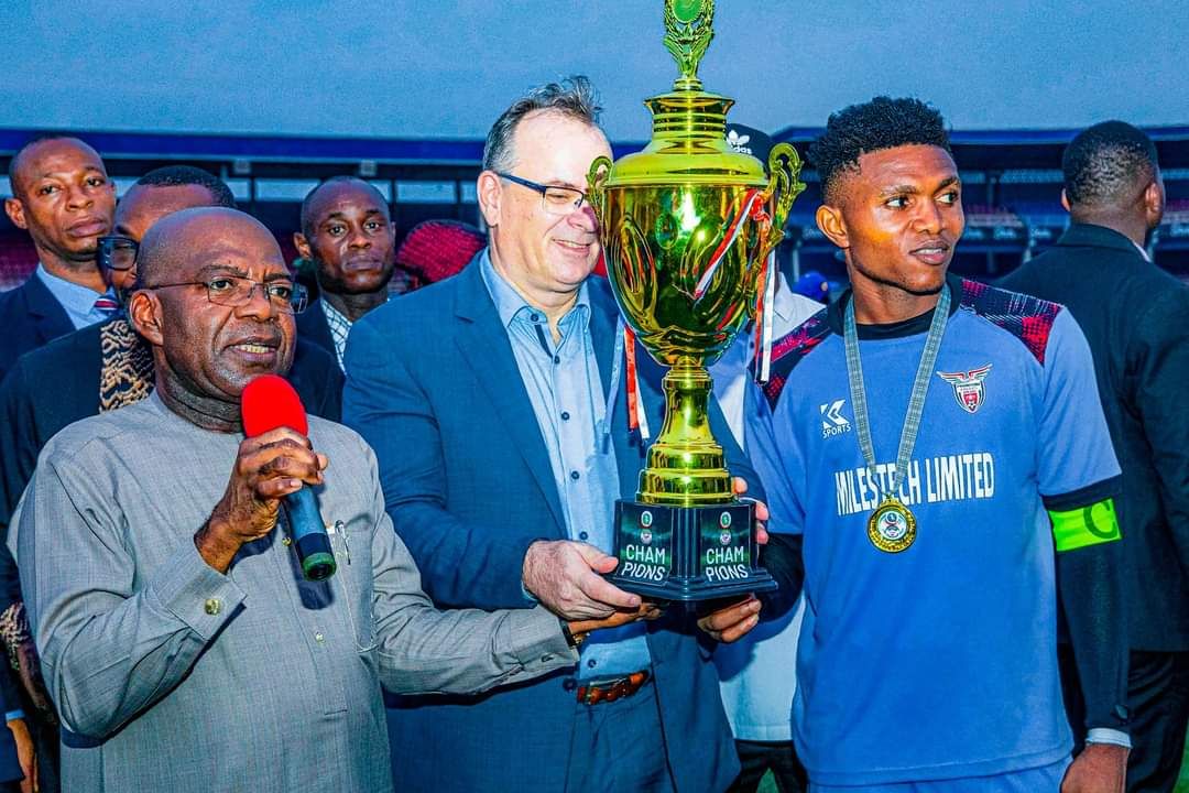 Governor Alex Otti OFR and Ambassador Lorand Endreffy present the trophy — 10th edition, Enyimba Stadium, Aba, 2024